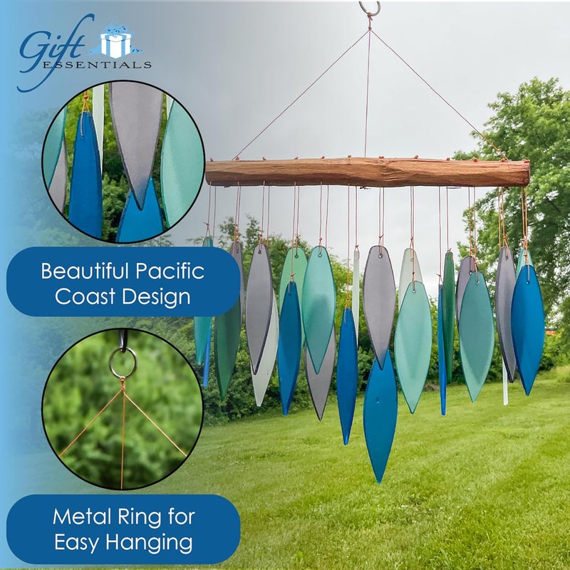 Gift Essentials Blue Handworks Pacific Coast Glass Chime, Sandblasted Glass and Found Wood Handcrafted Wind Chime - Image 2